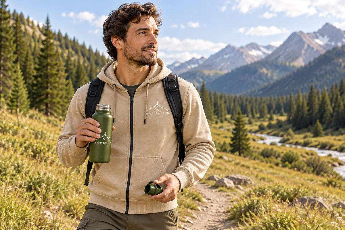 KI-Designentwurf: Wanderer mit sandbeigem Zip Hoodie und Faith Bottle bei einer Trinkpause
