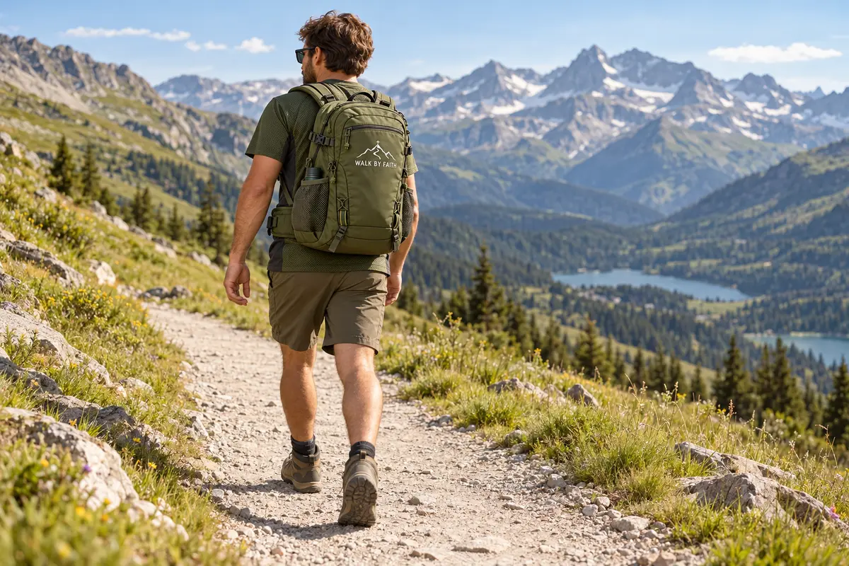 KI-Designentwurf: Wanderer mit olivgrünem T-Shirt und Trail Backpack auf einem Bergweg